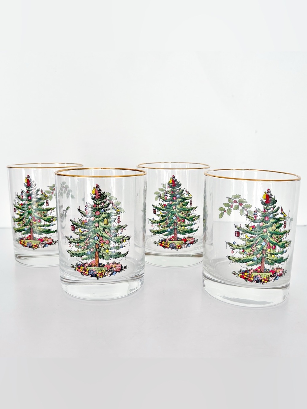 Spode || Christmas Tree Set of 4 Lowball Glasses Double Old Fashioned